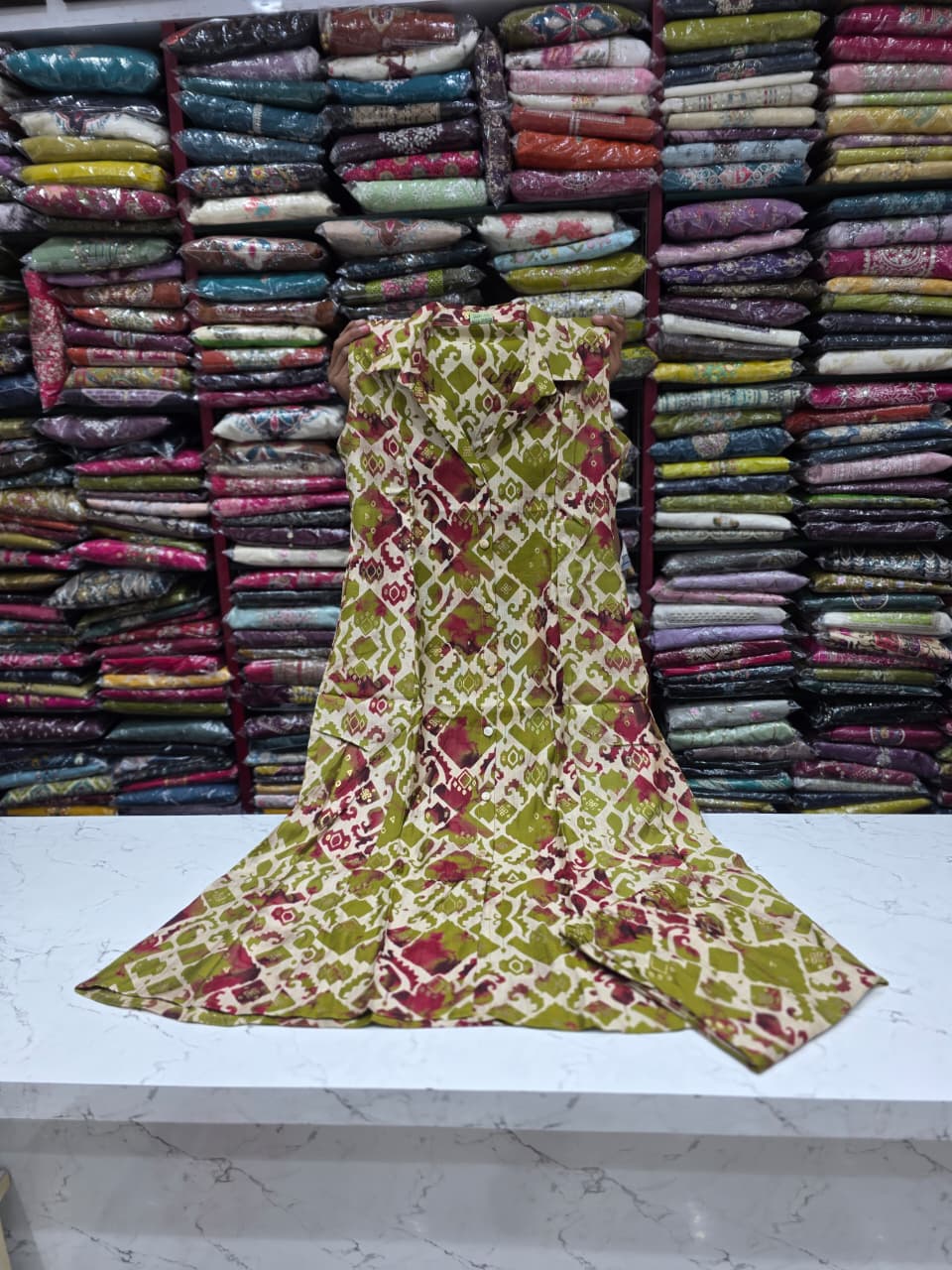 Elegant Olive Green Printed Cotton Dress Material – Soft & Stylish Everyday Wear