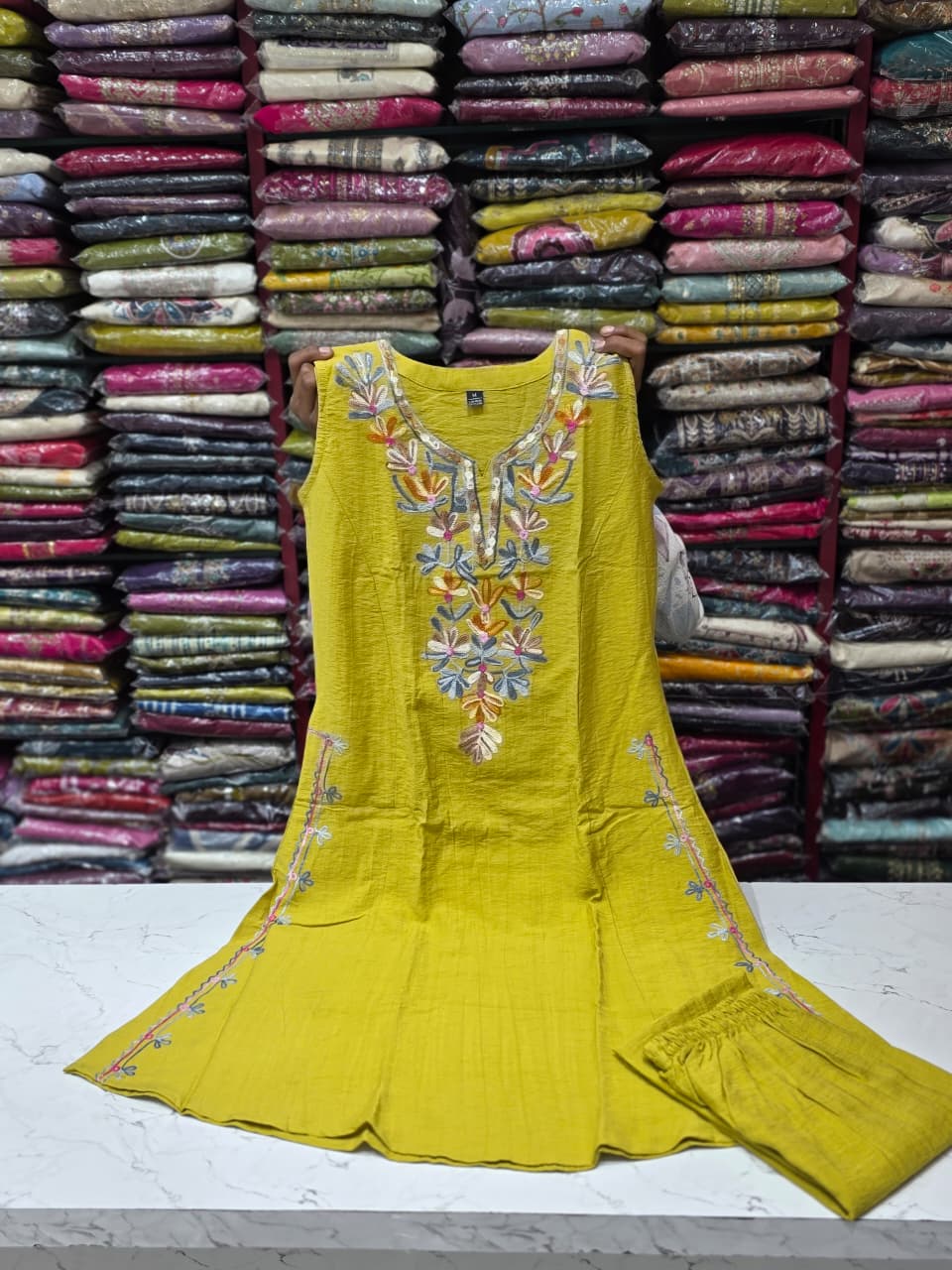 Mustard Yellow Embroidered Cotton Kurti Pant Set for Women