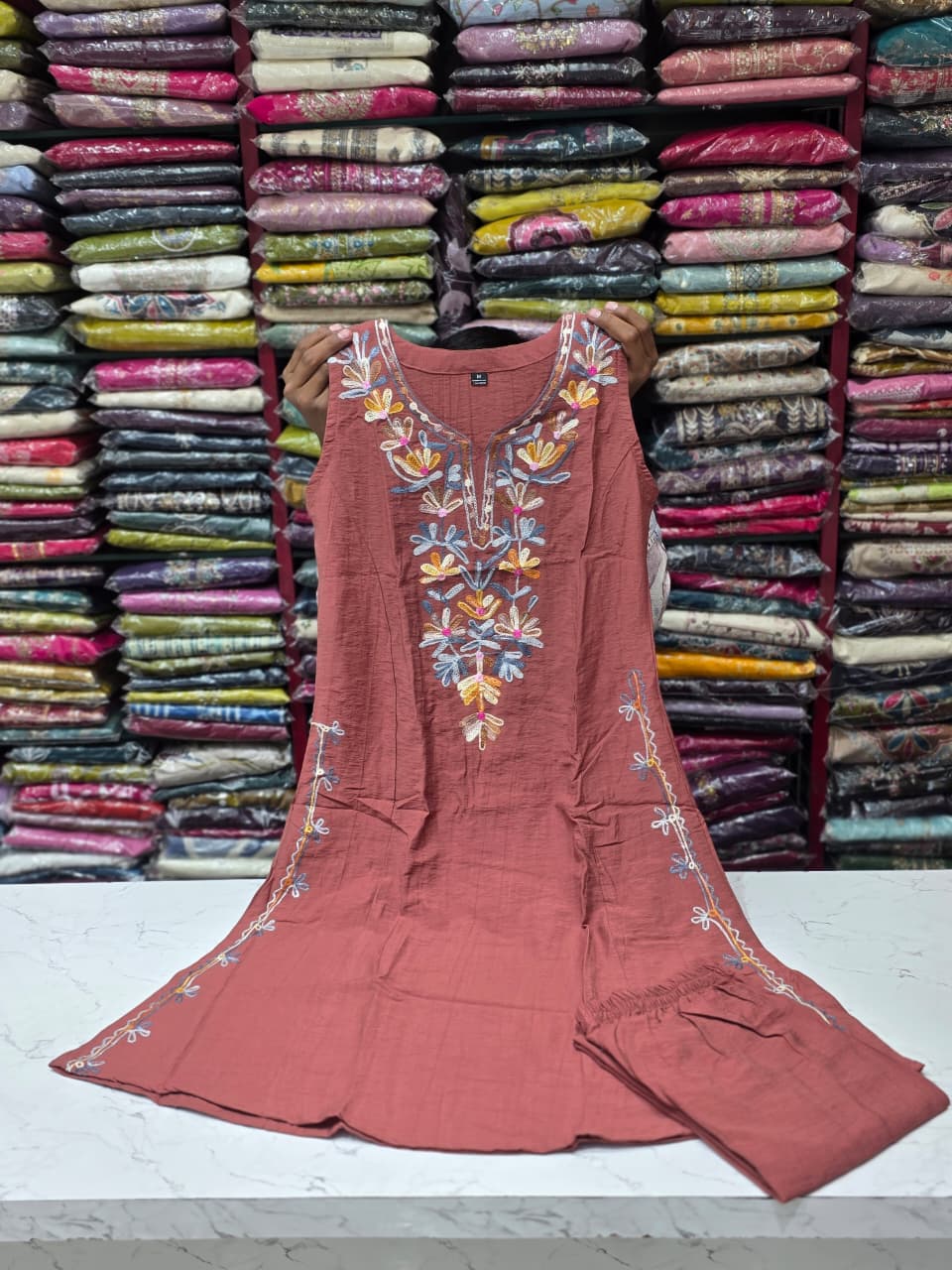 Mustard Yellow Embroidered Cotton Kurti Pant Set for Women