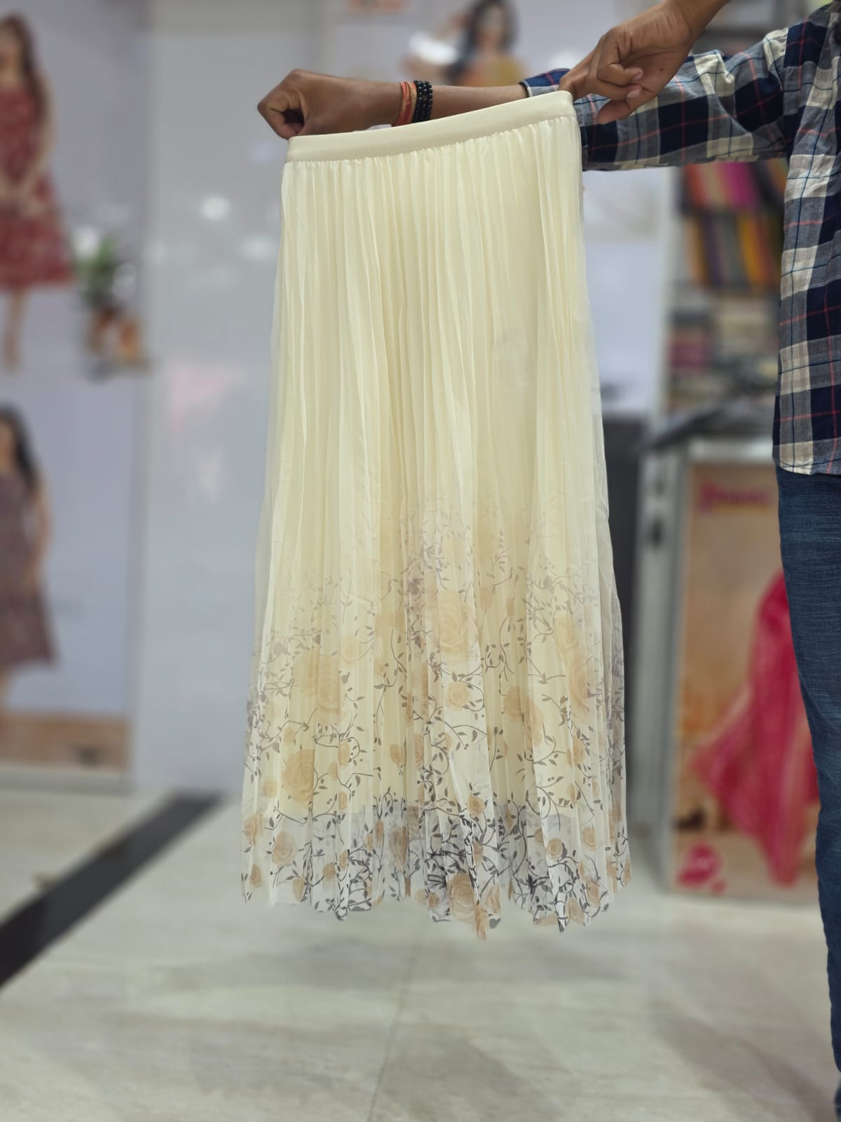 Women's White Pleated Printed Midi Skirt