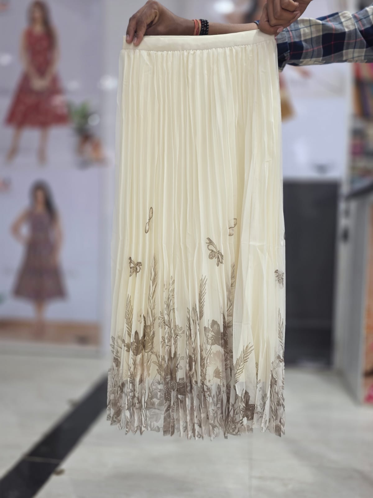 Women's White Pleated Printed Midi Skirt