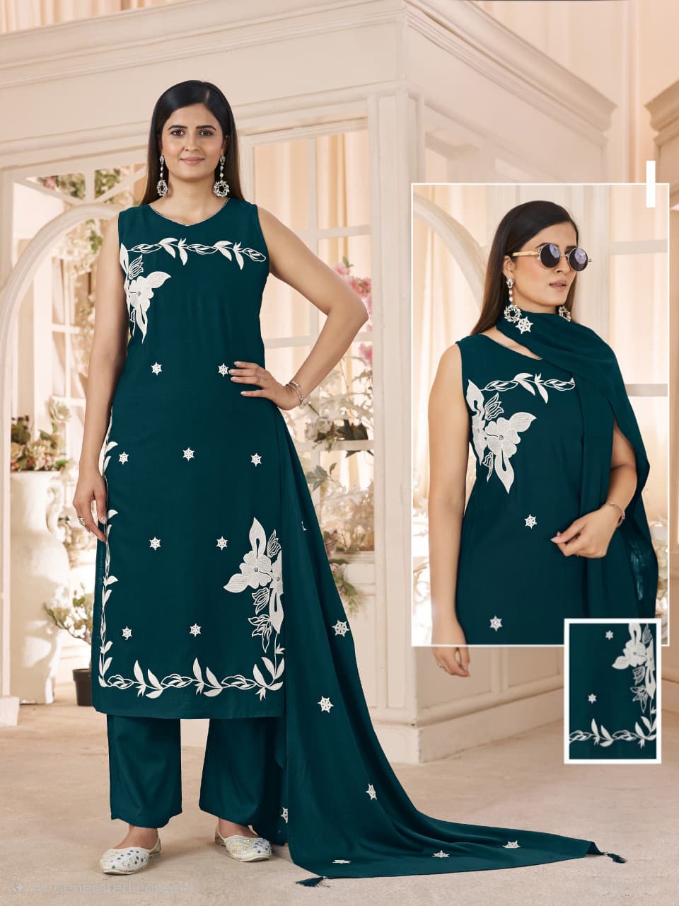 Women's Teal Floral Printed Kurta Pant & Dupatta Set