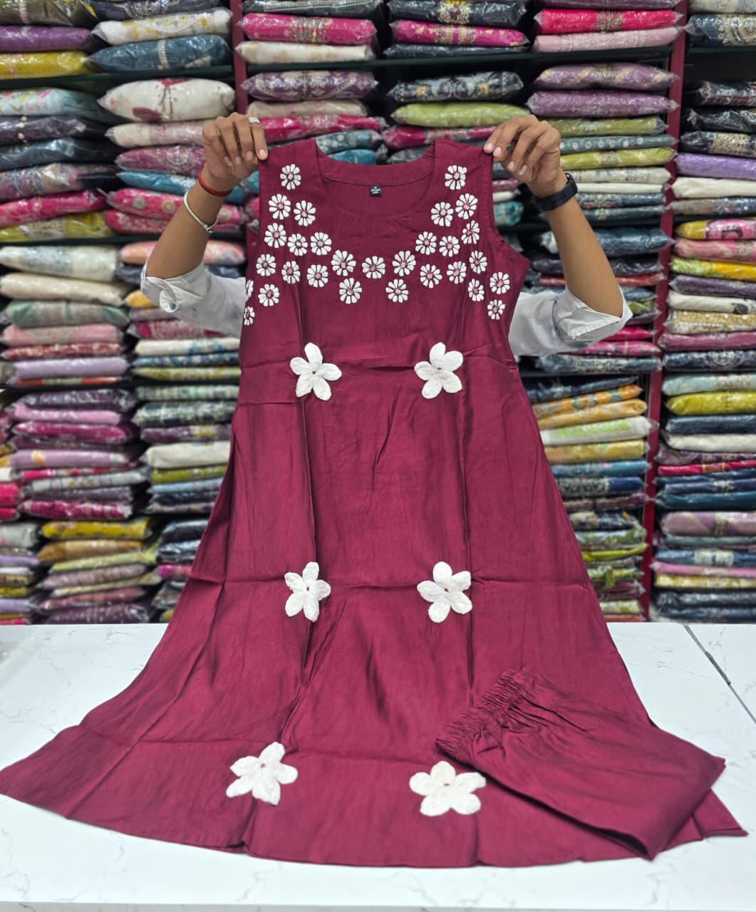 Women's Wine Floral Embroidered A-Line Kurti with Pant Set | Sleeveless Round Neck Ethnic Wear