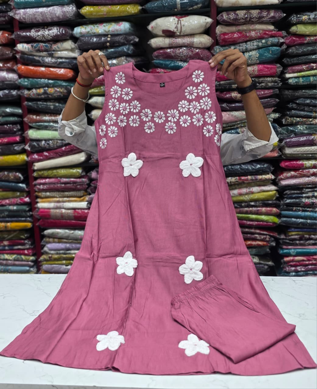 Women's Dusty Rose Pink Vetican Fabric A-Line Kurti with Floral Handwork & Matching Pant Set