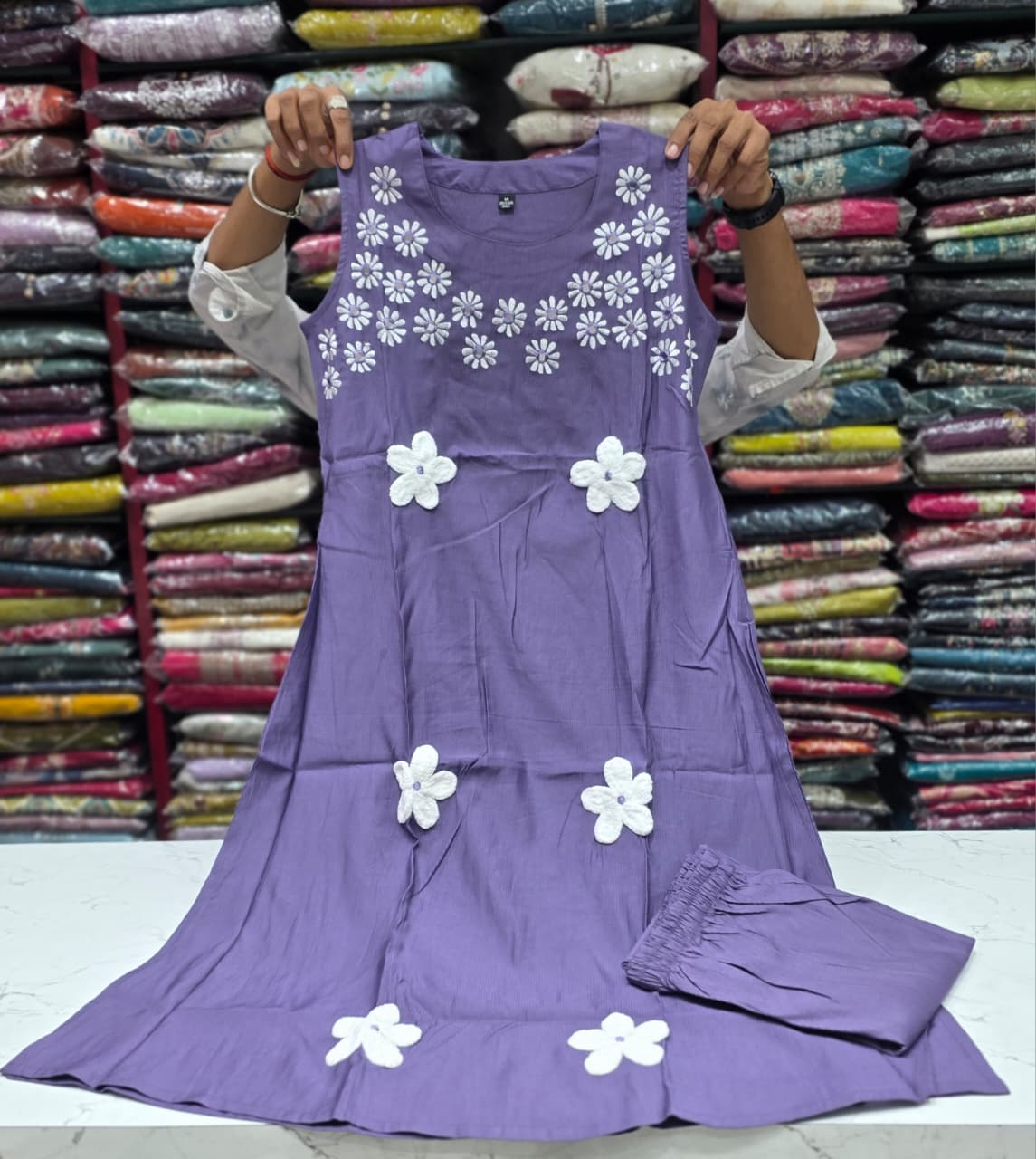 Women's Lavender Floral Embroidered A-Line Kurti with Pant Set | Sleeveless Round Neck Casual Ethnic Wear