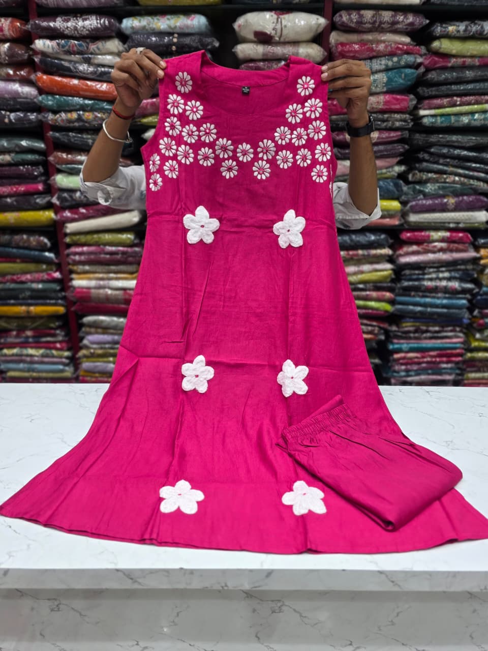 Women's Dark Rani Pink Vetican Fabric A-Line Kurti with Floral Handwork & Matching Pant Set