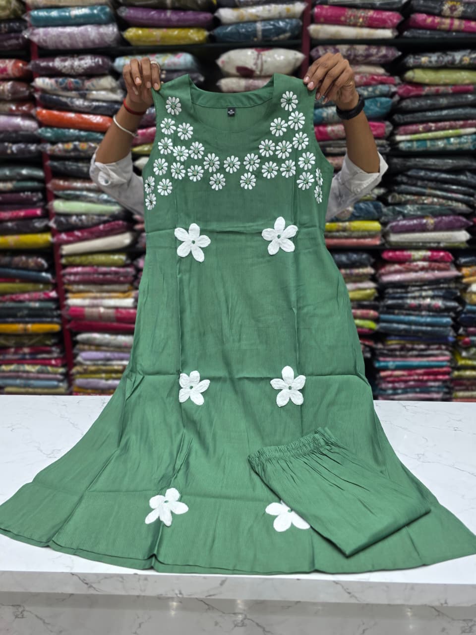 Women's Sage Green Vetican Fabric A-Line Kurti with Floral Handwork & Matching Pant Set