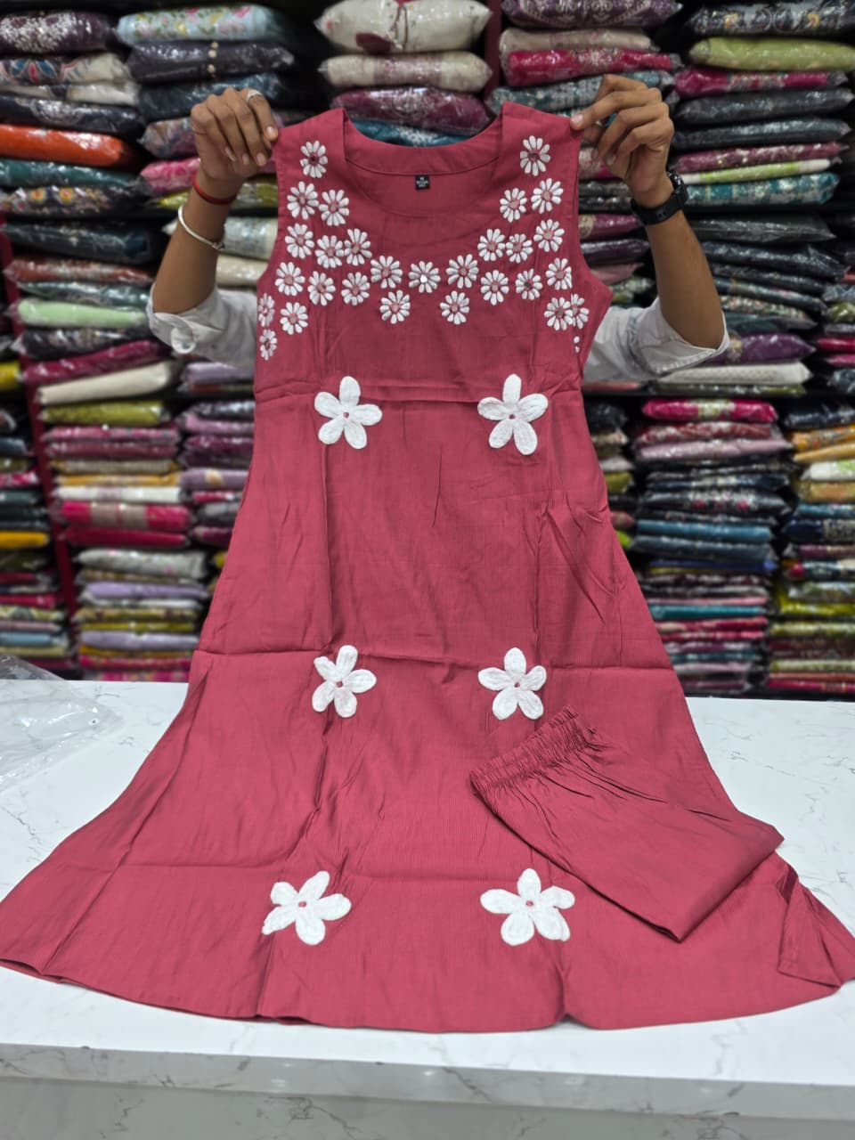 Women's Dusty Rose Vetican Fabric A-Line Kurti with Floral Handwork & Matching Pant Set