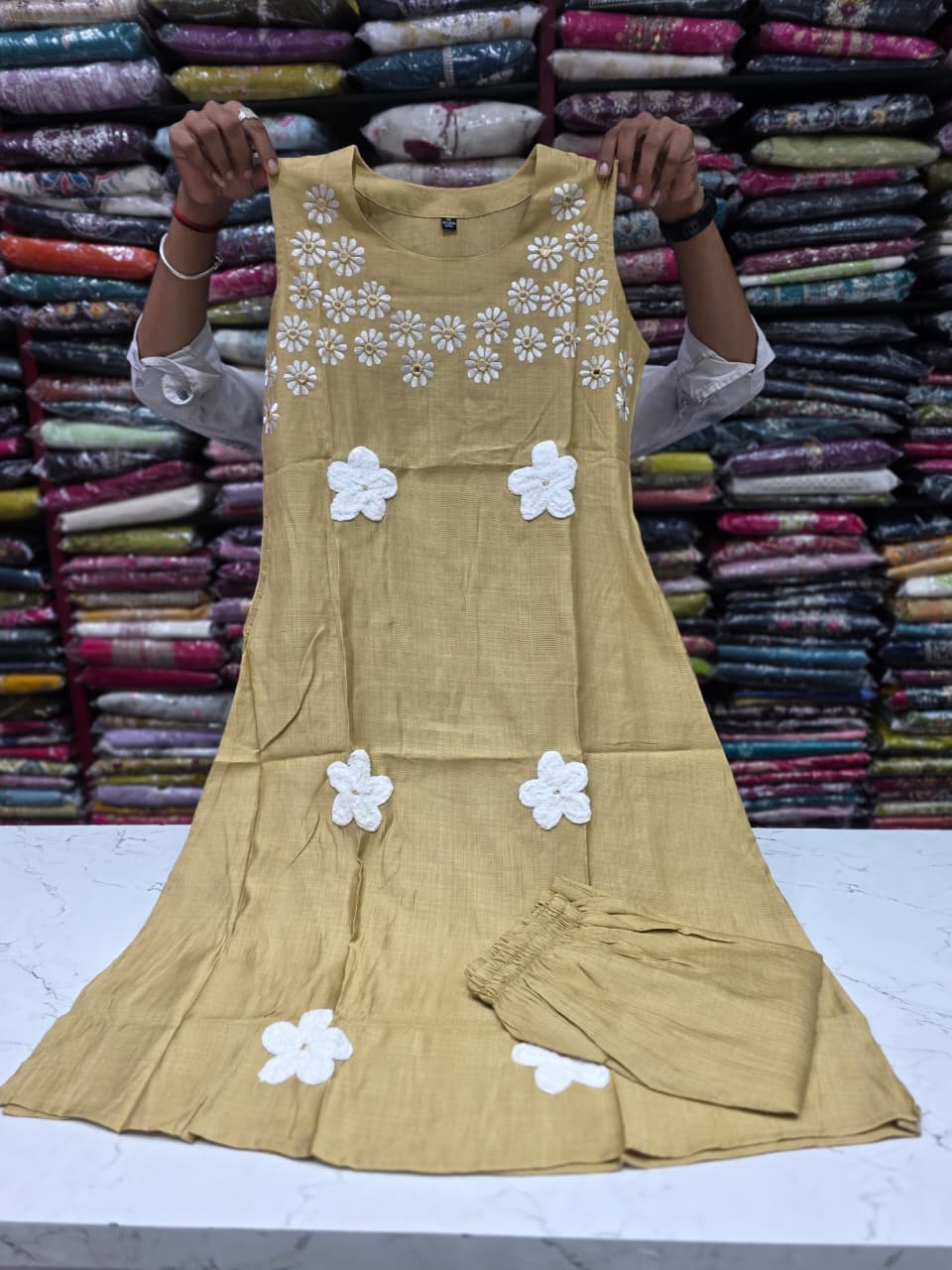 Women's Light Mustard Vetican Fabric A-Line Kurti with Floral Handwork & Matching Pant Set