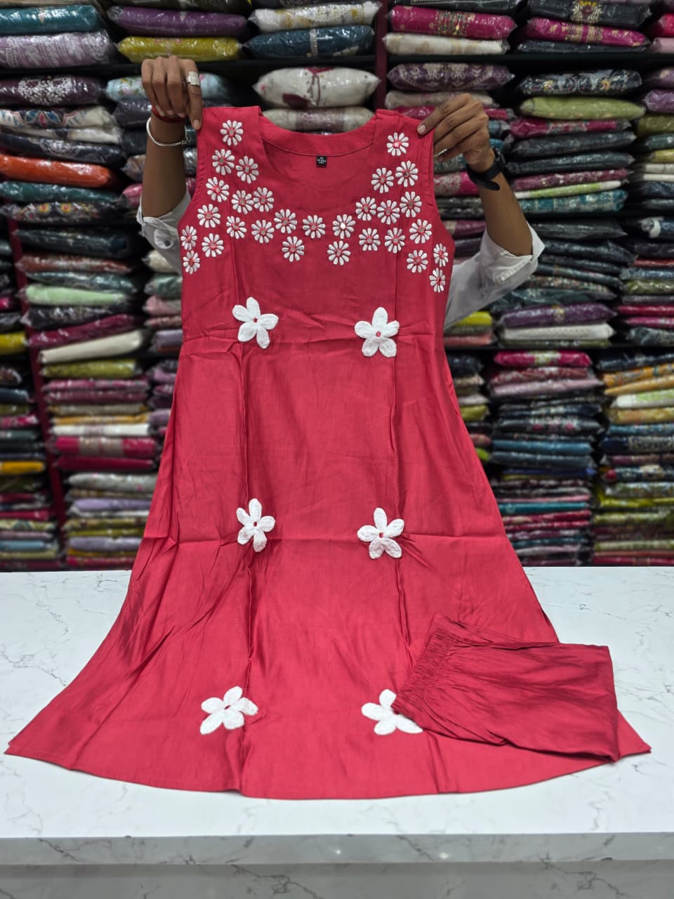 Women's Tomato Red Vetican Fabric A-Line Kurti with Floral Handwork & Matching Pant Set