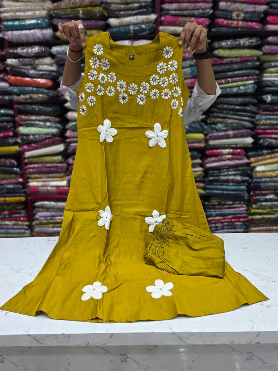 Women's Mustard Yellow Vetican Fabric A-Line Kurti with Floral Handwork & Matching Pant Set