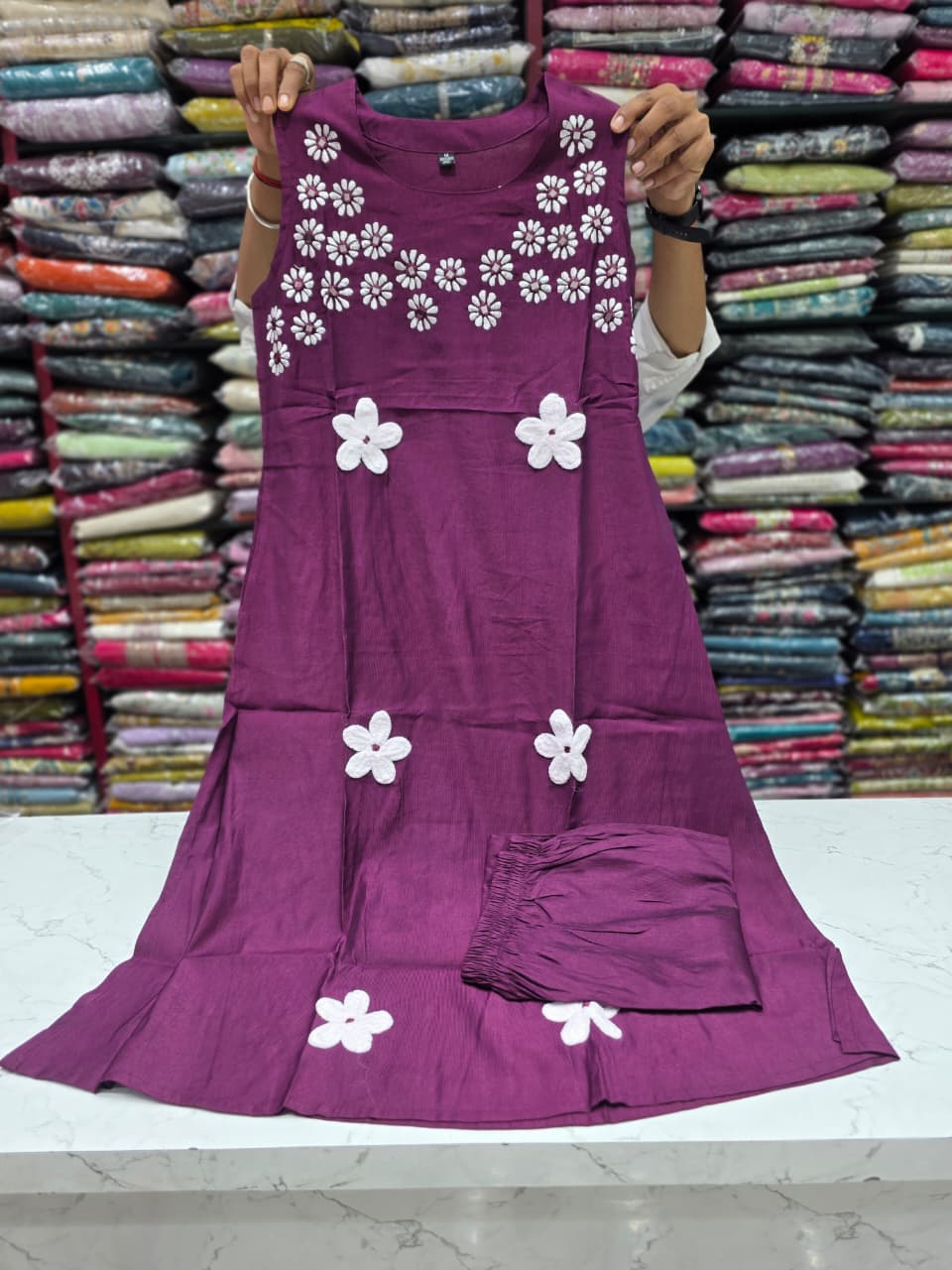 Women's Plum Purple Vetican Fabric A-Line Kurti with Floral Handwork & Matching Pant Set