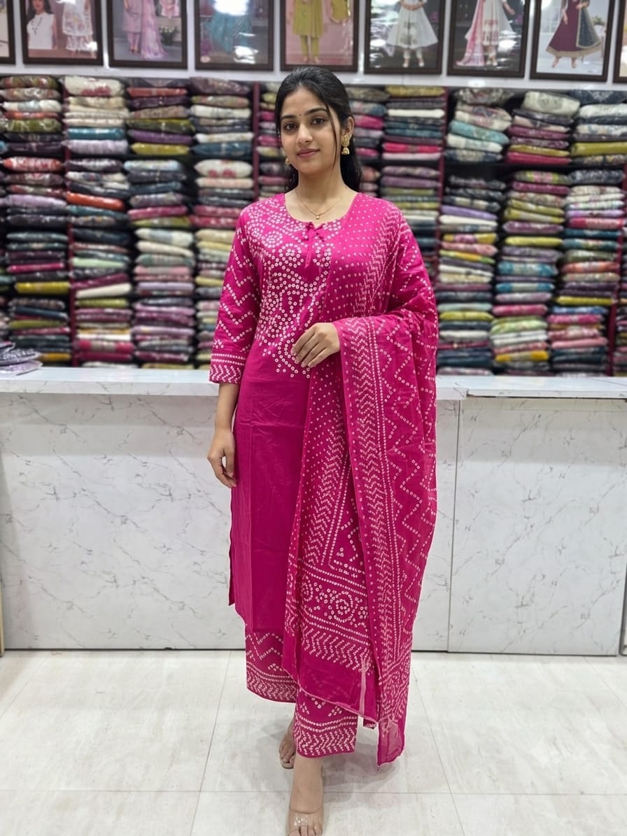 Pure Cotton Bandhani Print Kurta Pant Dupatta Set for Women | Ethnic 3 Piece Suit | 6 Colours Available