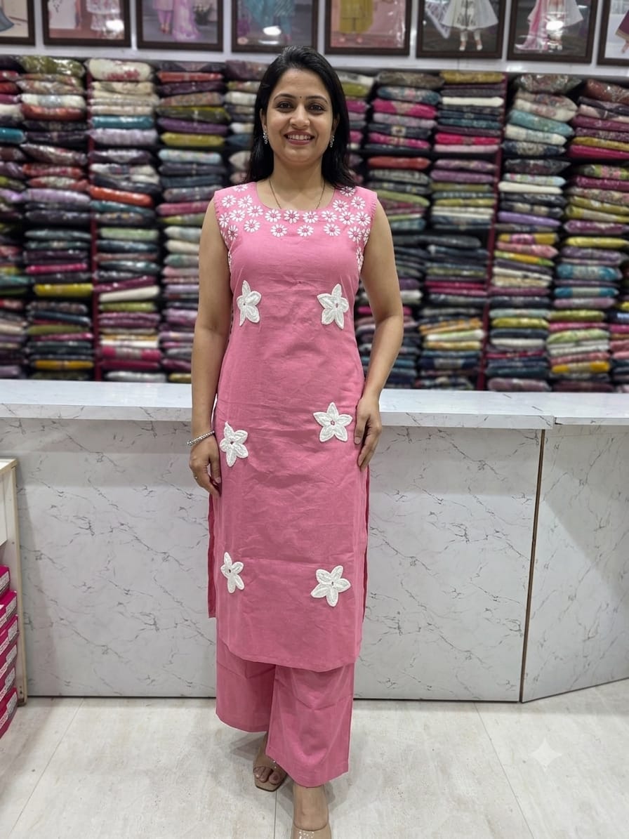 Women's Vetican Soft Fabric Floral Applique Kurta Pant Set | Sleeveless Ethnic Co-ord Set | 5 Colours Available