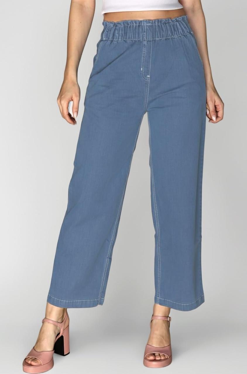 Women's Soft Denim Flare Pant | Premium Soft Denim Fabric | Elastic Waist | Wide Leg | 3 Colours