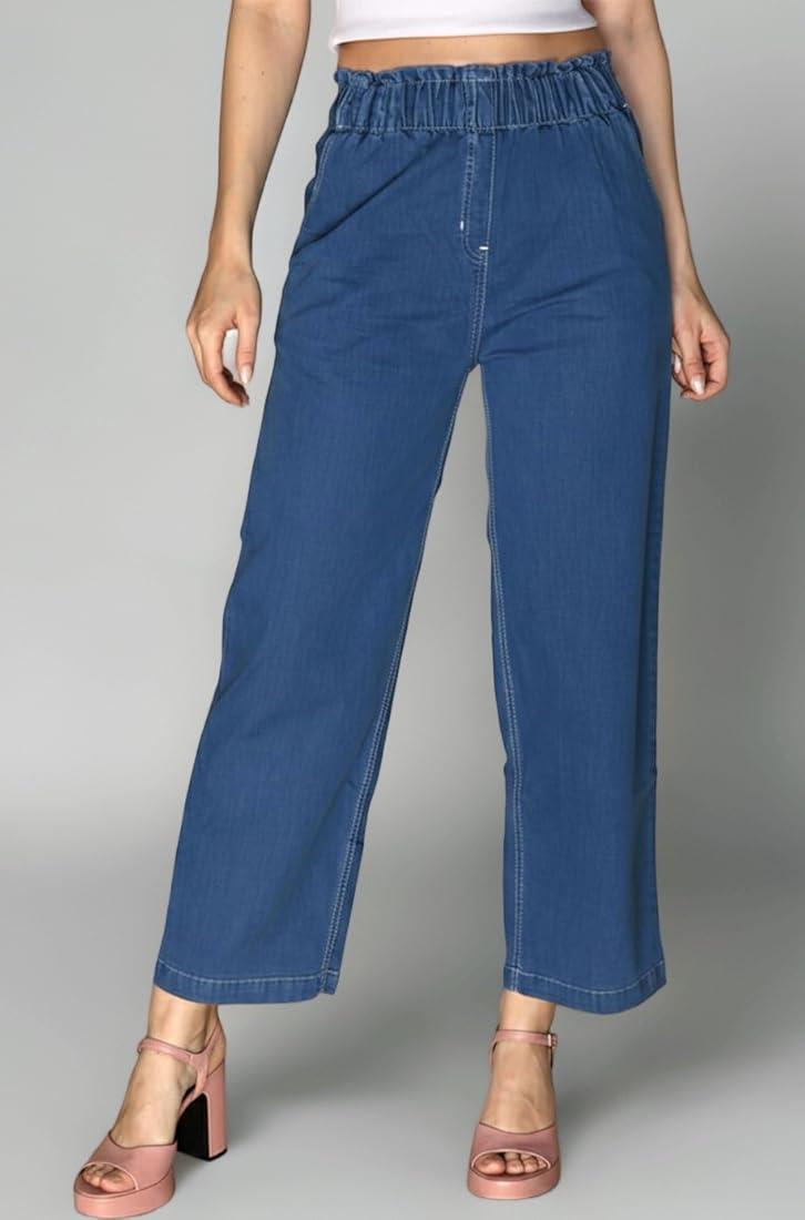 Women's Soft Denim Flare Pant | Premium Soft Denim Fabric | Elastic Waist | Wide Leg | 3 Colours