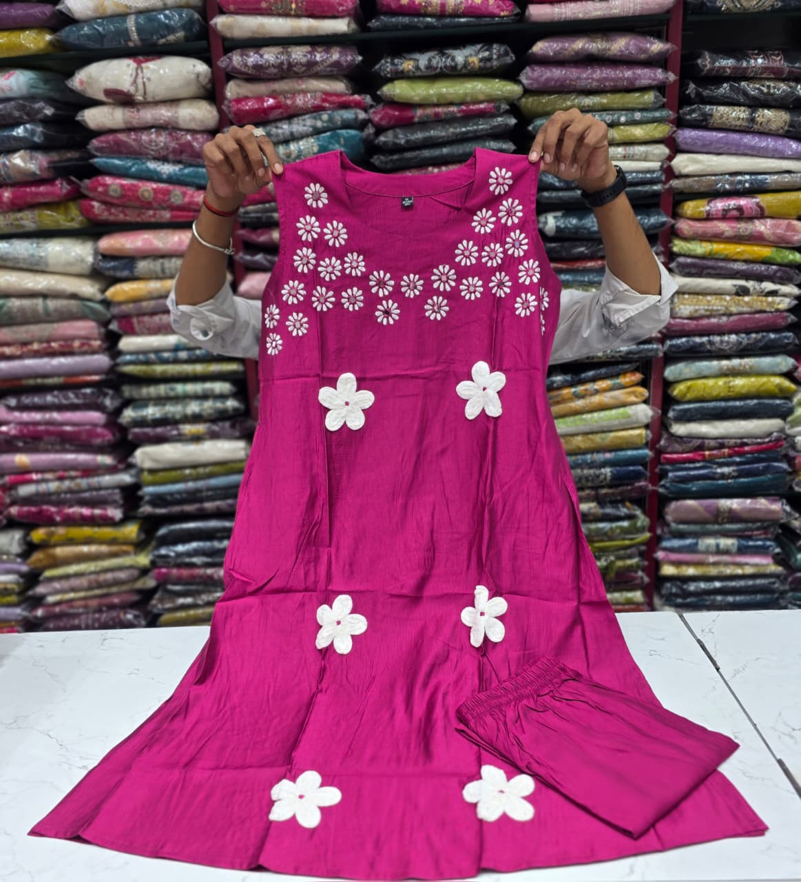 Women's  Floral Embroidered Cotton Blend Kurta with Palazzo Set | Sleeveless Ethnic Wear