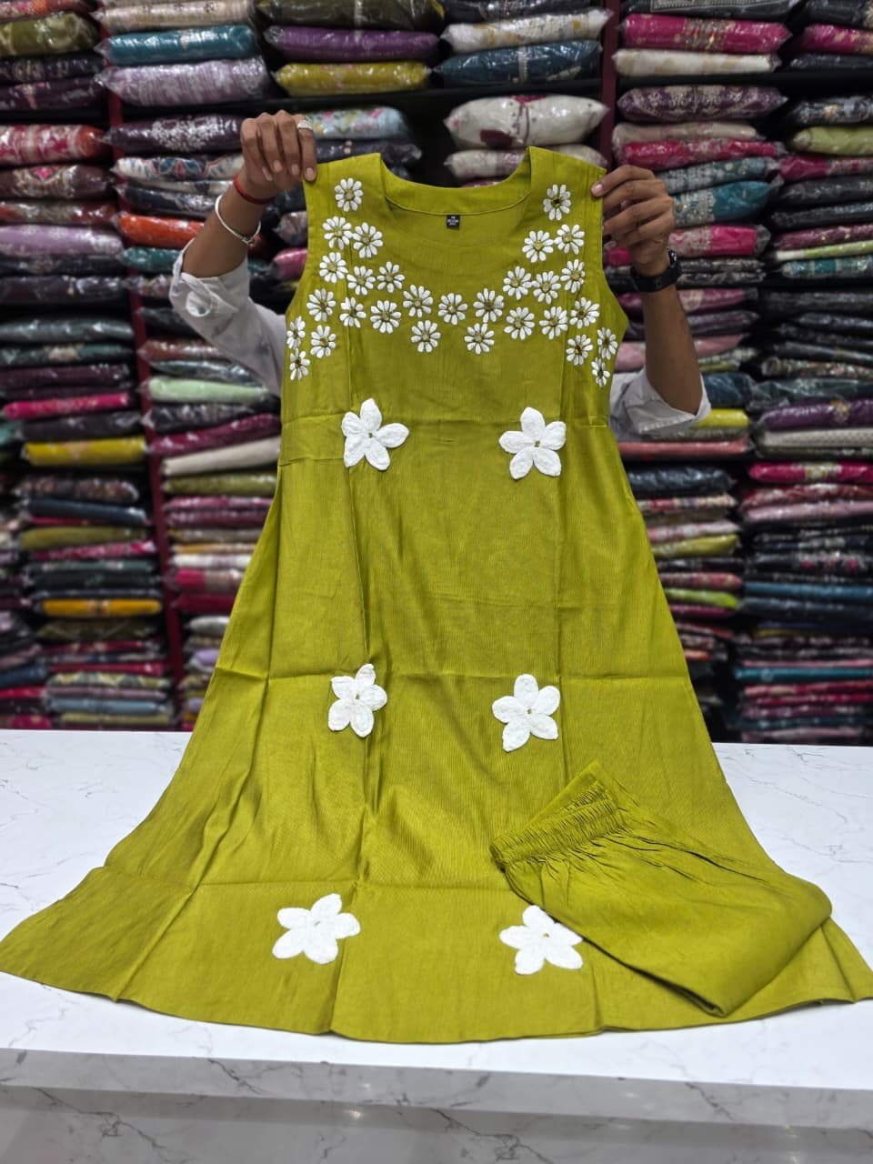 Women's Olive Green Floral Embroidered Cotton Blend Kurta with Palazzo Set | Sleeveless Ethnic Wear