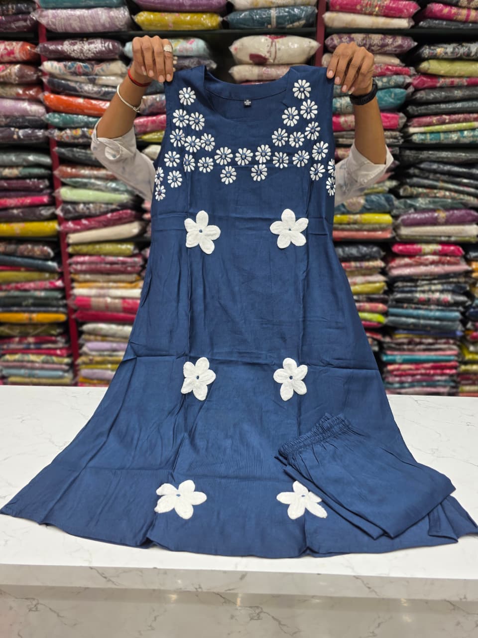 Women's  Floral Embroidered Cotton Blend Kurta with Palazzo Set |  Sleeveless Ethnic Wear