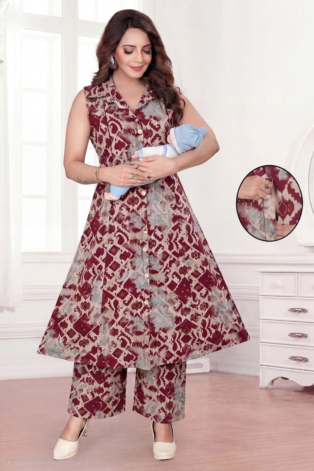 Women's Vetican Fabric Feeding Kurti Pant Set | Wine Abstract Print | Hidden Feeding Zip | 3/4 Sleeves Inside | 44" Kurti & 38" Pant  Colour: Wine
