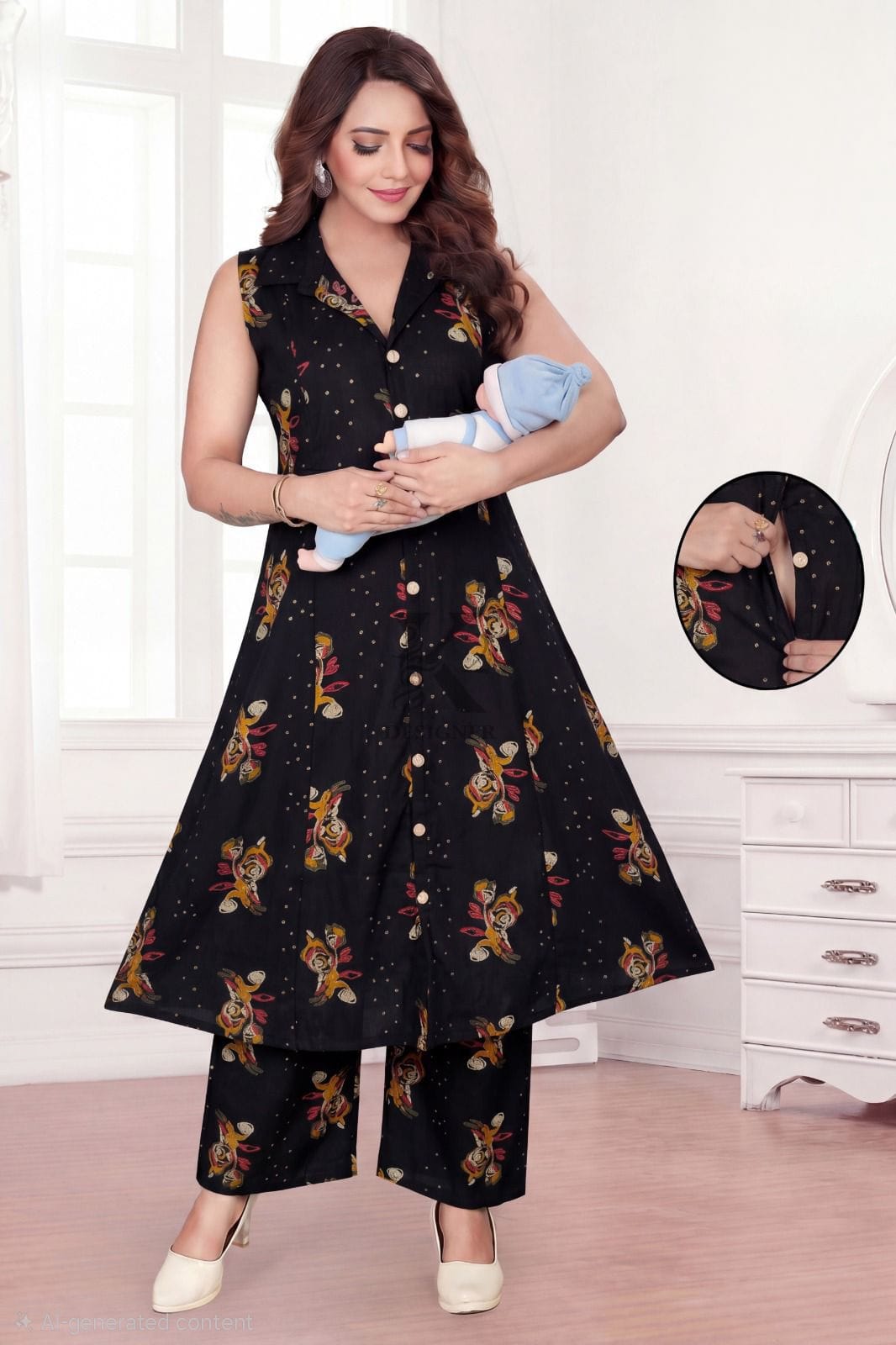Women's Vetican Fabric Feeding Kurti Pant Set | Feeding Zip | 3/4 Sleeves Inside | 44" Kurti & 38" Pant