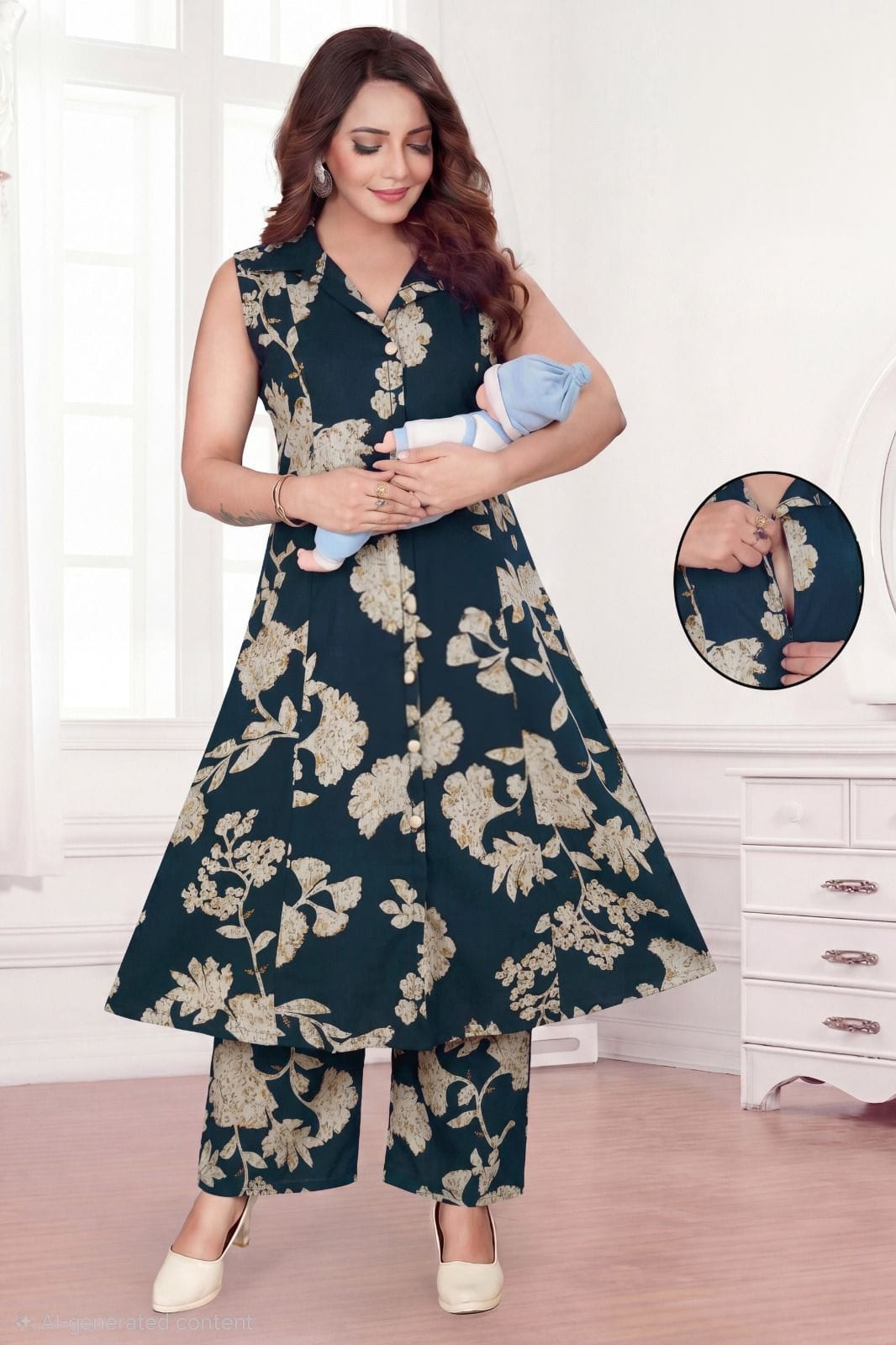 Women's Vetican Fabric Feeding Kurti Pant Set | Dark Teal Floral Print | Hidden Feeding Zip | 3/4 Sleeves Inside | 44" Kurti & 38" Pant  Colour: Dark Teal