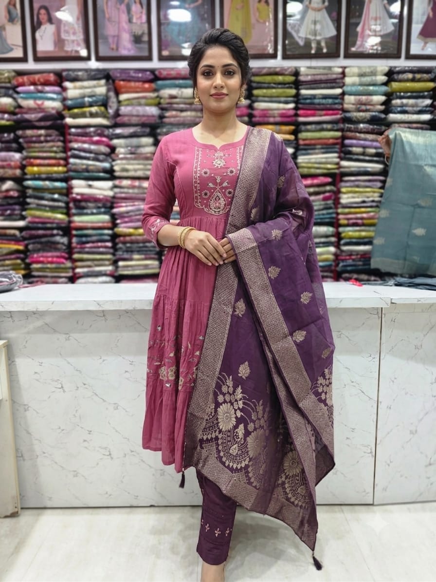 Women's Pink Embroidered Anarkali Kurti Set with Banarasi Style Jacquard Dupatta | 3/4th Sleeves Available Inside