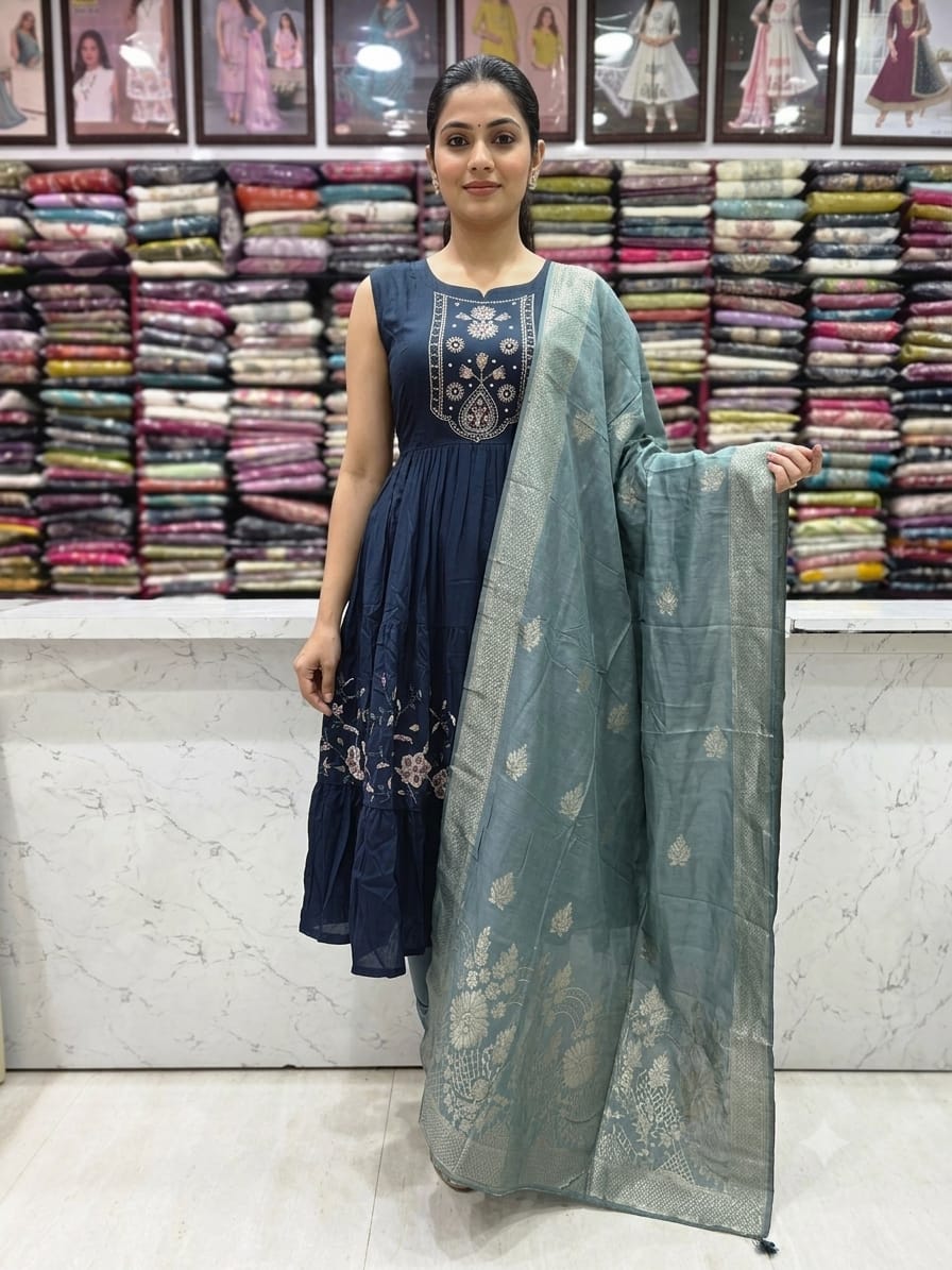 Women's Navy Blue Embroidered Cotton Anarkali Kurti Set with Banarasi Style Dupatta | 3/4th Sleeves Available Inside