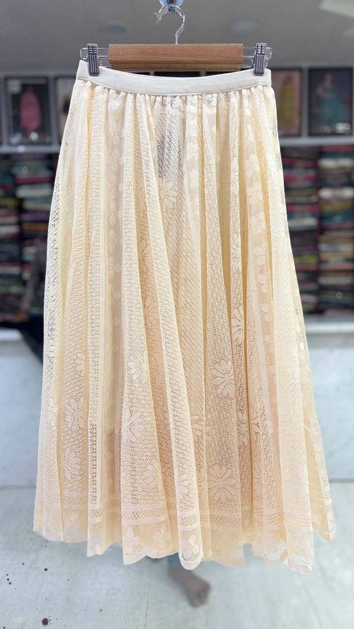 Elegant Cream Lace Flared Skirt for Women | Free Size (L to XXL) | 31 Inch Length