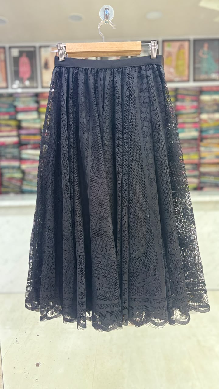 Elegant Black Lace Flared Skirt for Women | Free Size (L to XXL) | 31 Inch Length