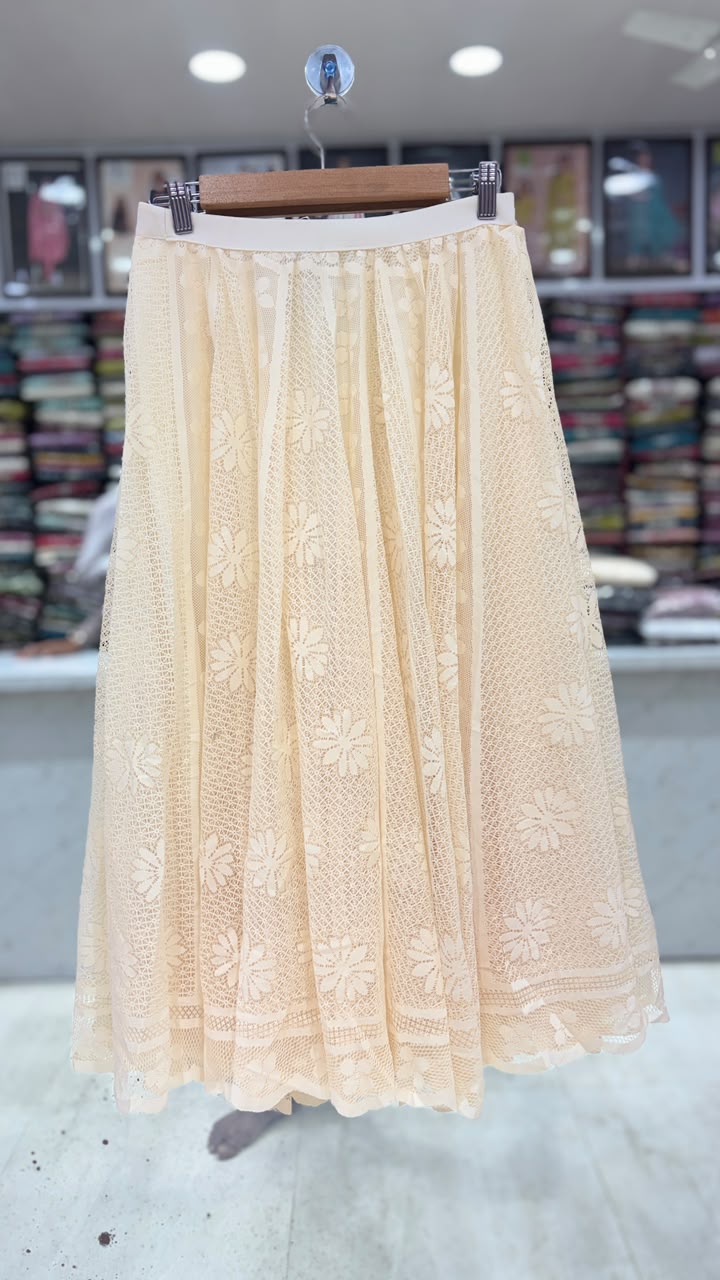 Elegant Off White Lace Flared Skirt for Women | Free Size (L to XXL) | 31 Inch Length
