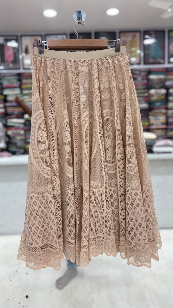 Elegant Beige Lace Flared Skirt for Women | Free Size (L to XXL) | 31 Inch Length
