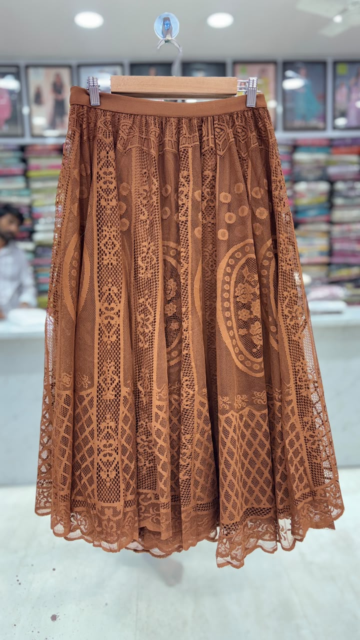 Elegant Brown Lace Flared Skirt for Women | Free Size (L to XXL) | 31 Inch Length