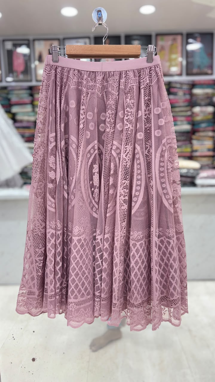 Elegant Dusty Pink Lace Flared Skirt for Women | Free Size (L to XXL) | 31 Inch Length