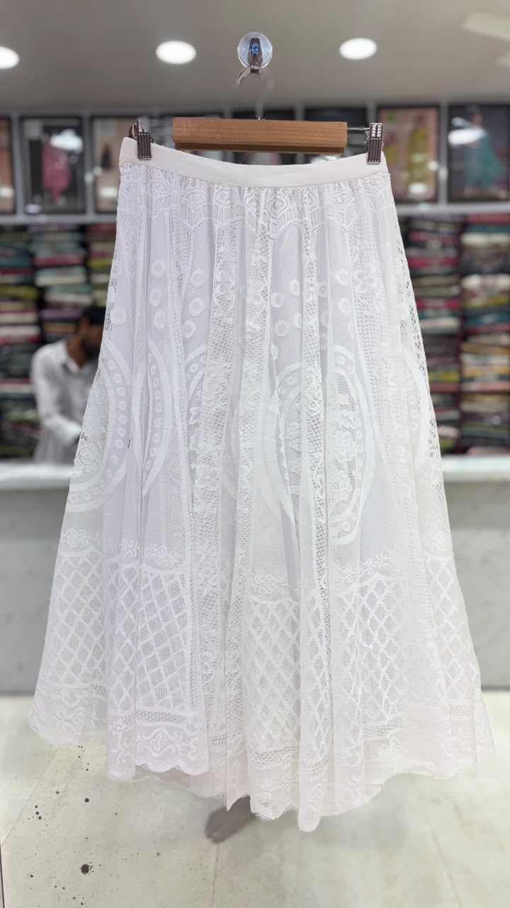 Elegant White Lace Flared Skirt for Women | Free Size (L to XXL) | 31 Inch Length