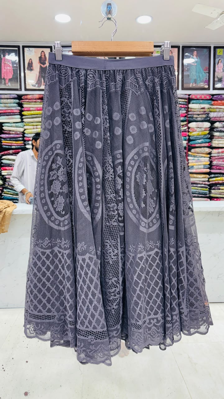 Elegant Charcoal Grey Lace Flared Skirt for Women | Free Size (L to XXL) | 31 Inch Length