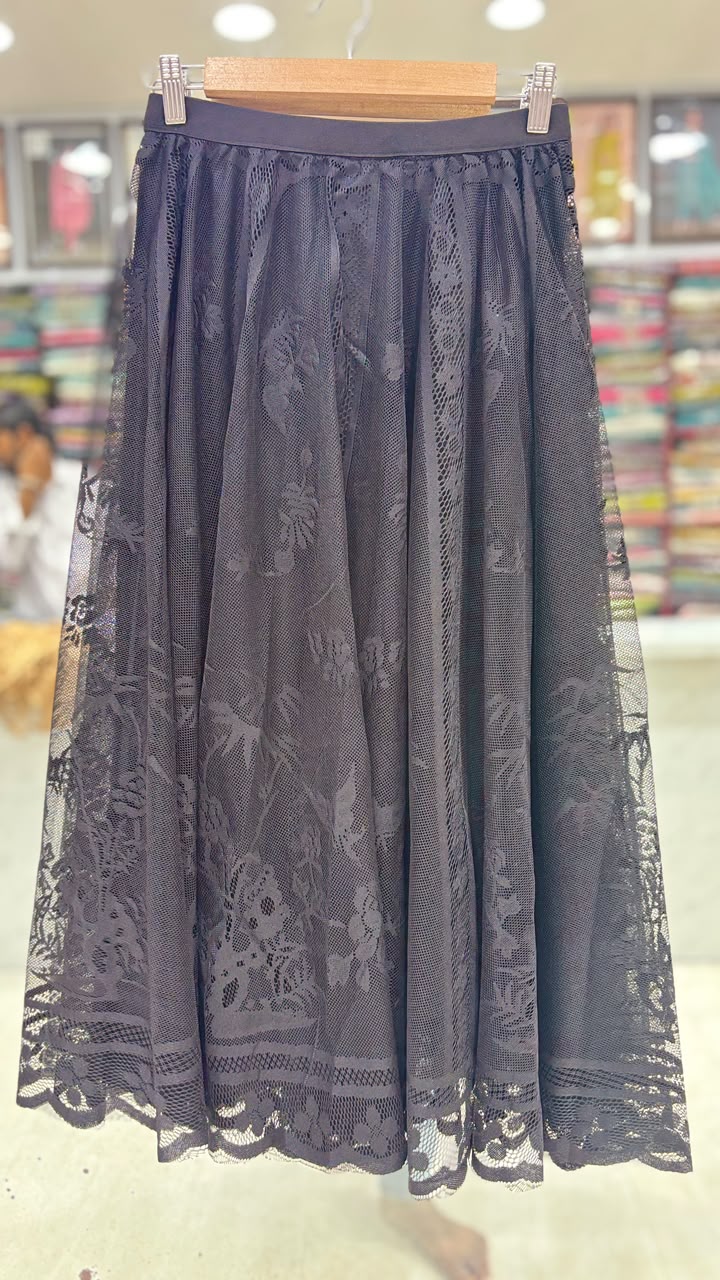 Elegant Black Floral Lace Flared Skirt for Women | Free Size (L to XXL) | 31 Inch Length