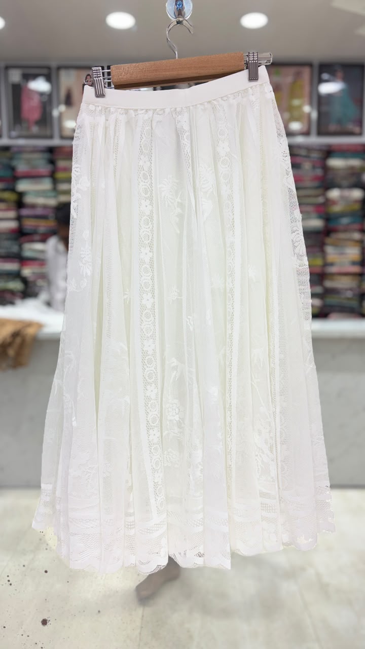 Elegant White Floral Lace Flared Skirt for Women | Free Size (L to XXL) | 31 Inch Length