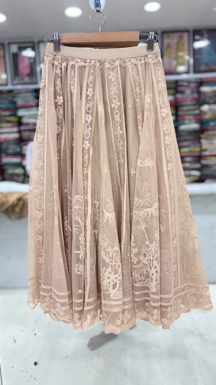 Elegant Nude Beige Floral Lace Flared Skirt for Women | Free Size (L to XXL) | 31 Inch Length