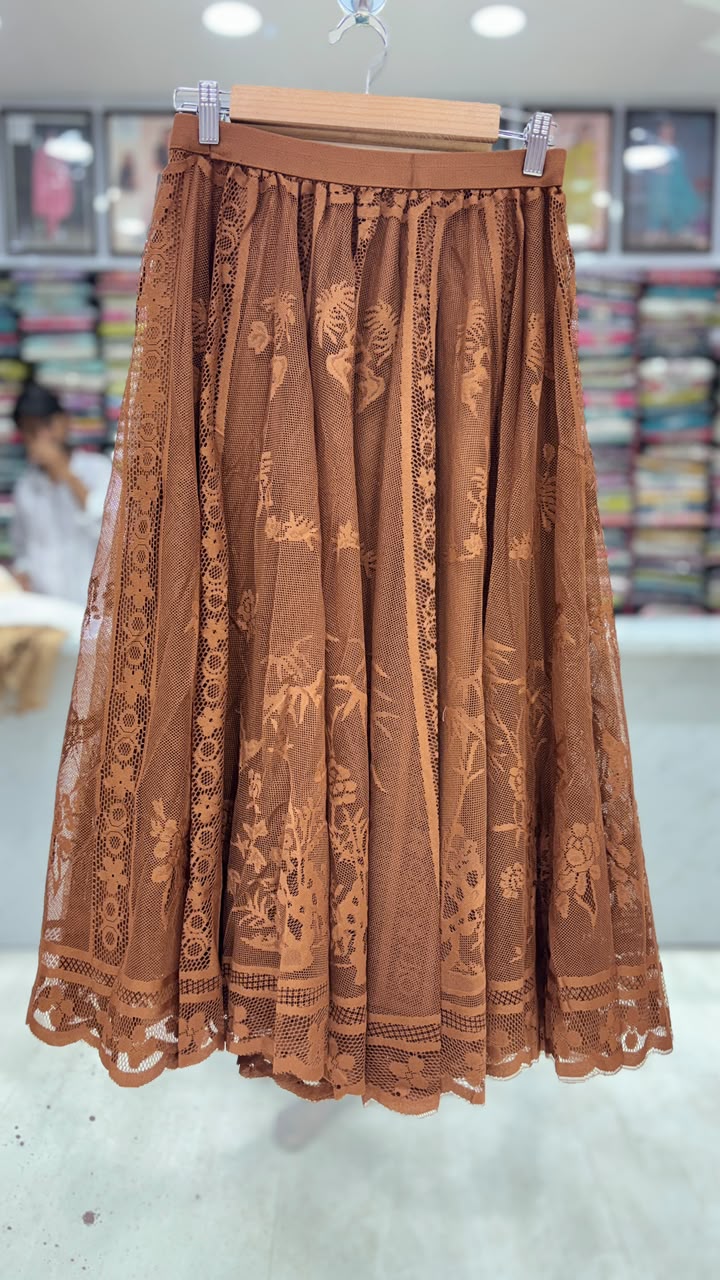Women's Premium Floral Lace Net Long Skirt – Coffee Brown | 31 Inch Length