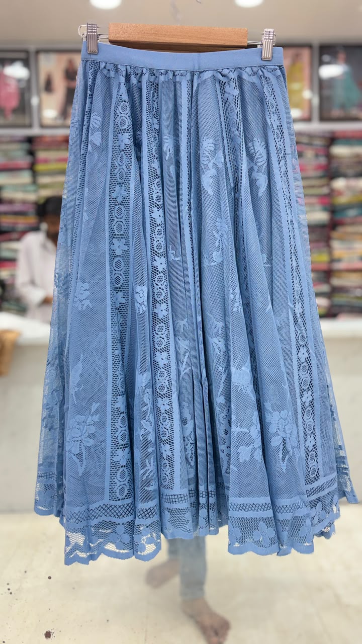 Elegant Sky Blue Floral Lace Flared Skirt for Women | Free Size (L to XXL) | 31 Inch Length
