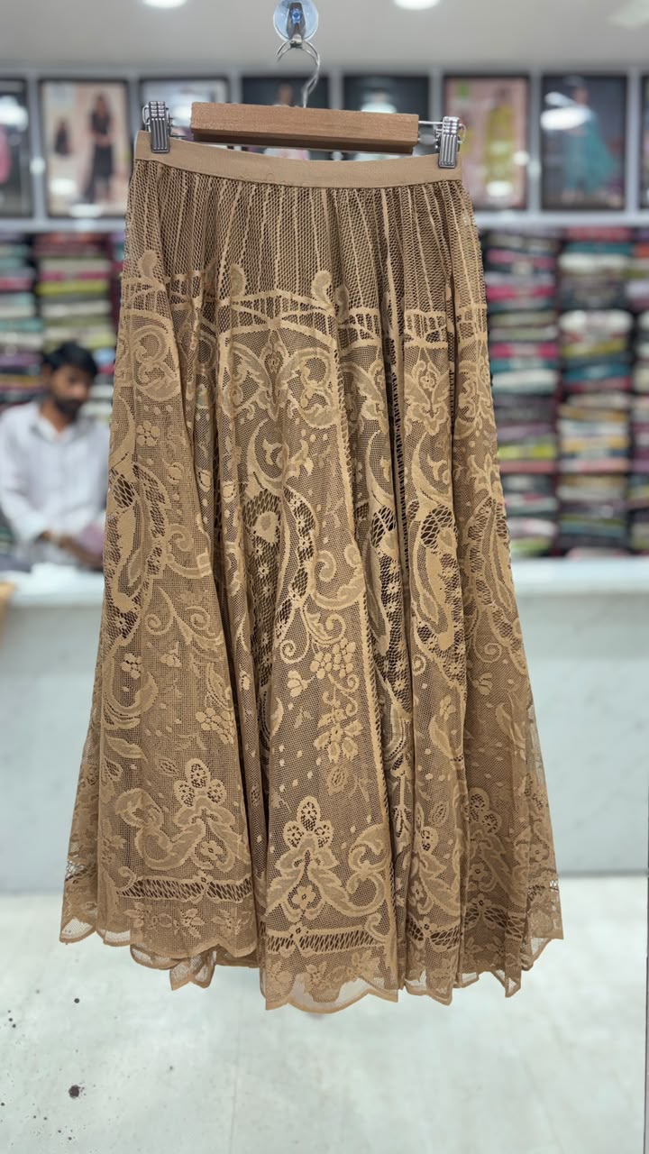 Elegant Mocha Brown Floral Lace Flared Skirt for Women | Free Size (L to XXL) | 31 Inch Length