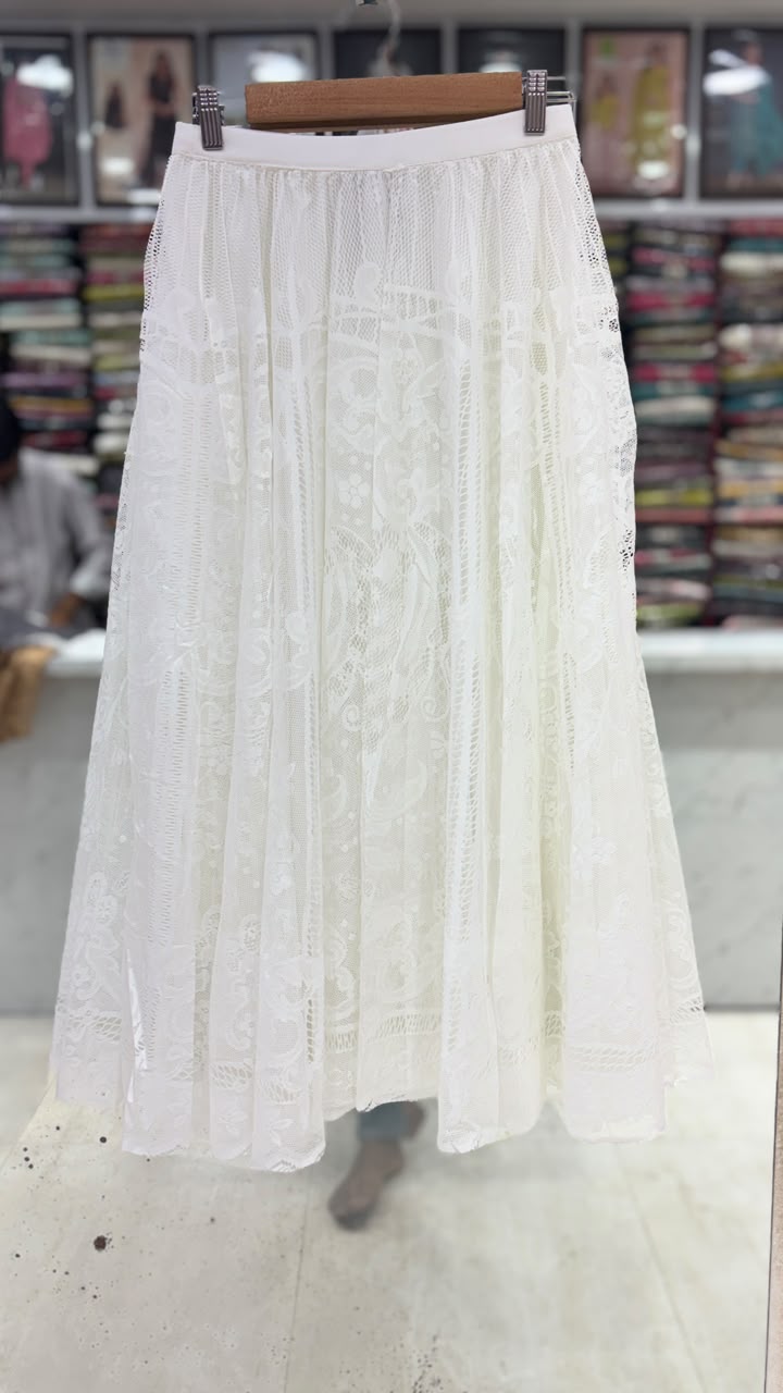 Elegant White Designer Lace Flared Skirt for Women | Free Size (L to XXL) | 31 Inch Length