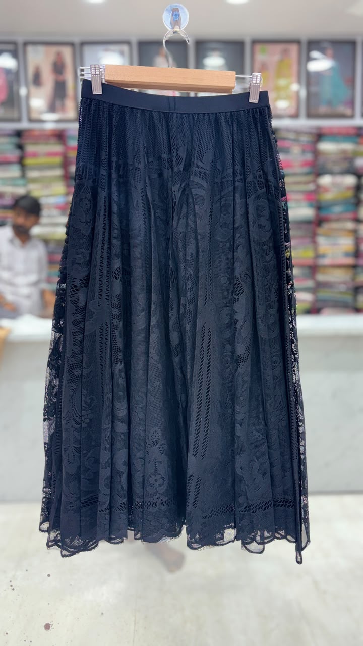 Women's Premium Floral Lace Net Flared Skirt – Black | 31 Inch Length | Elastic Waist