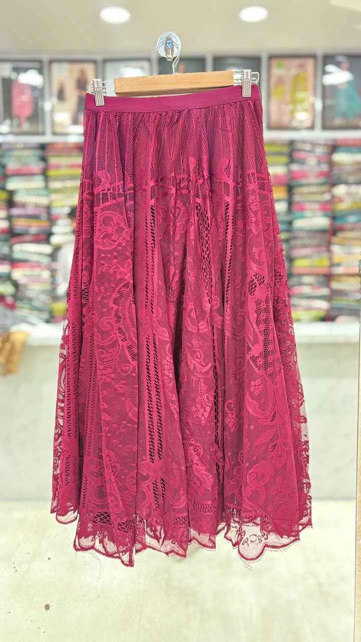 Women's Premium Floral Lace Net Flared Skirt – Maroon | 31 Inch Length | Elastic Waist