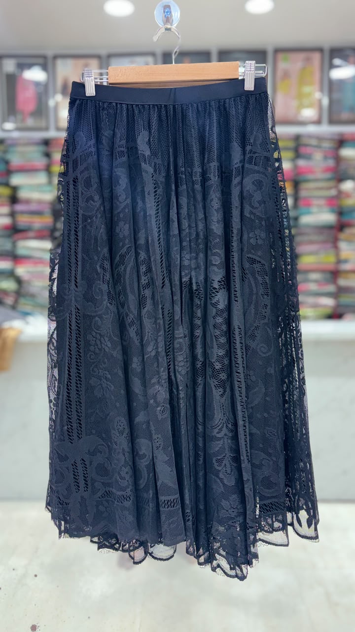 Women's Premium Floral Lace Net Flared Skirt – Black | 31 Inch Length | Elastic Waist