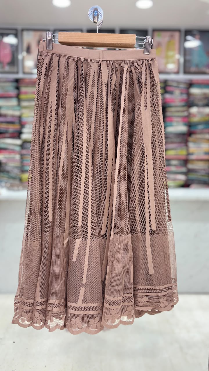 Women’s Dusty Pink Floral Lace Net Flared Skirt | Elegant Party & Casual Wear | 31 Inch Length