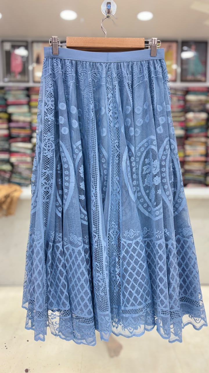 Women's Premium Floral Lace Net Flared Skirt – Sky Blue | 31 Inch Length | Elastic Waist