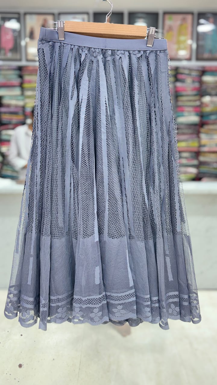 Women's Premium Floral Lace Net Flared Skirt – Slate Grey | 31 Inch Length | Elastic Waist