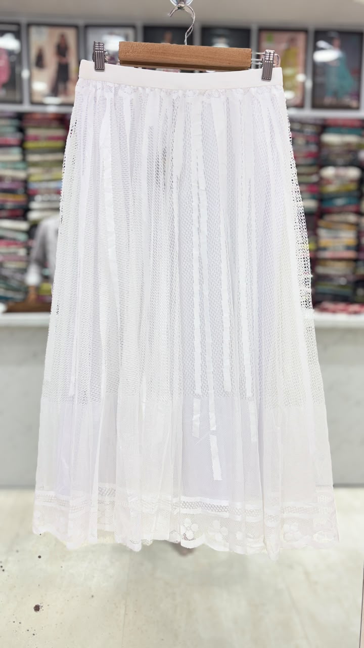 Women's Premium Floral Lace Net Flared Skirt – White | 31 Inch Length | Elastic Waist